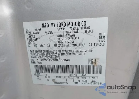 2008 Ford F-150 60Th Anniversary/Fx2/King Ranch/Lariat/Xlt z USA, uszkodzony, nr VIN 1FTPW12V48KC85040